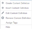 Content Defintion Menu Actions